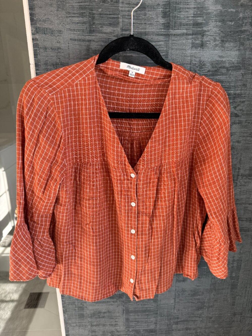 Madewell Veranda Bell Sleeve Windowpane Shirt, Size M